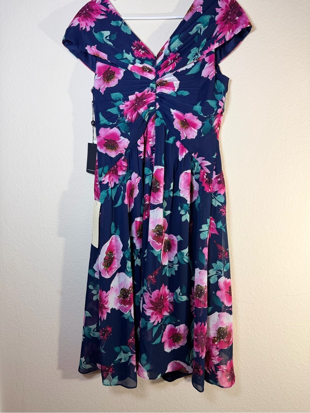 NWT Adrianna Papell Floral Front Twist Midi Dress Navy Pink Size 10 - Picture 11 of 12